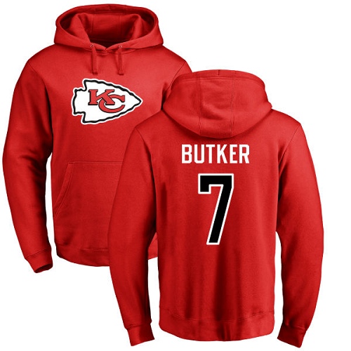 Men Kansas City Chiefs 7 Butker Harrison Red Name and Number Logo Pullover Hoodie